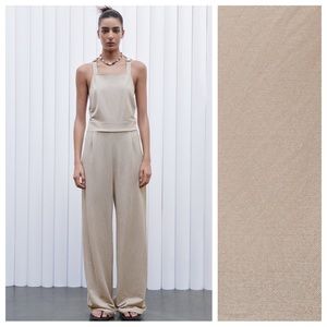 NWT. Zara Sand Viscose Blend Long Jumpsuit with Buttons. Size S.